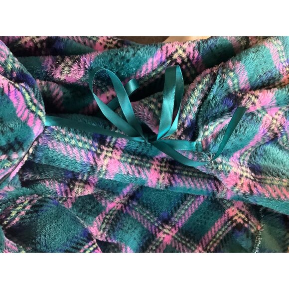 Victorias Secret Womens Sz Medium-large Plaid Fleece Robe Emerald Green Pink - Picture 9 of 10